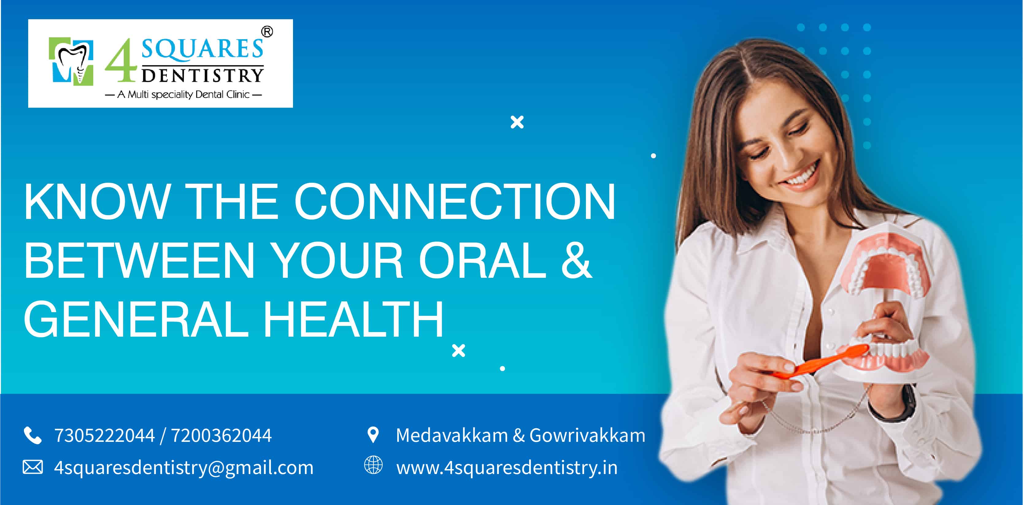 Dental model is being brushed by a woman. One of the leading dentist in Medavakkam, discusses the relationship between oral health and overall health.